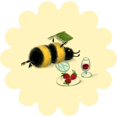 A fuzzy bumblebee lounging with a book, strawberries and a glass of wine